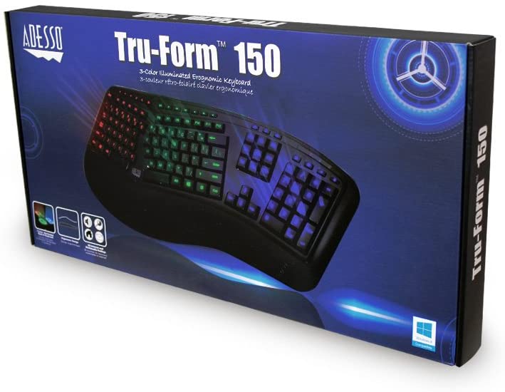 Adesso Tru-Form 150 3-Color Illuminated Ergonomic Keyboard AKB-150EB - Dealtargets.com