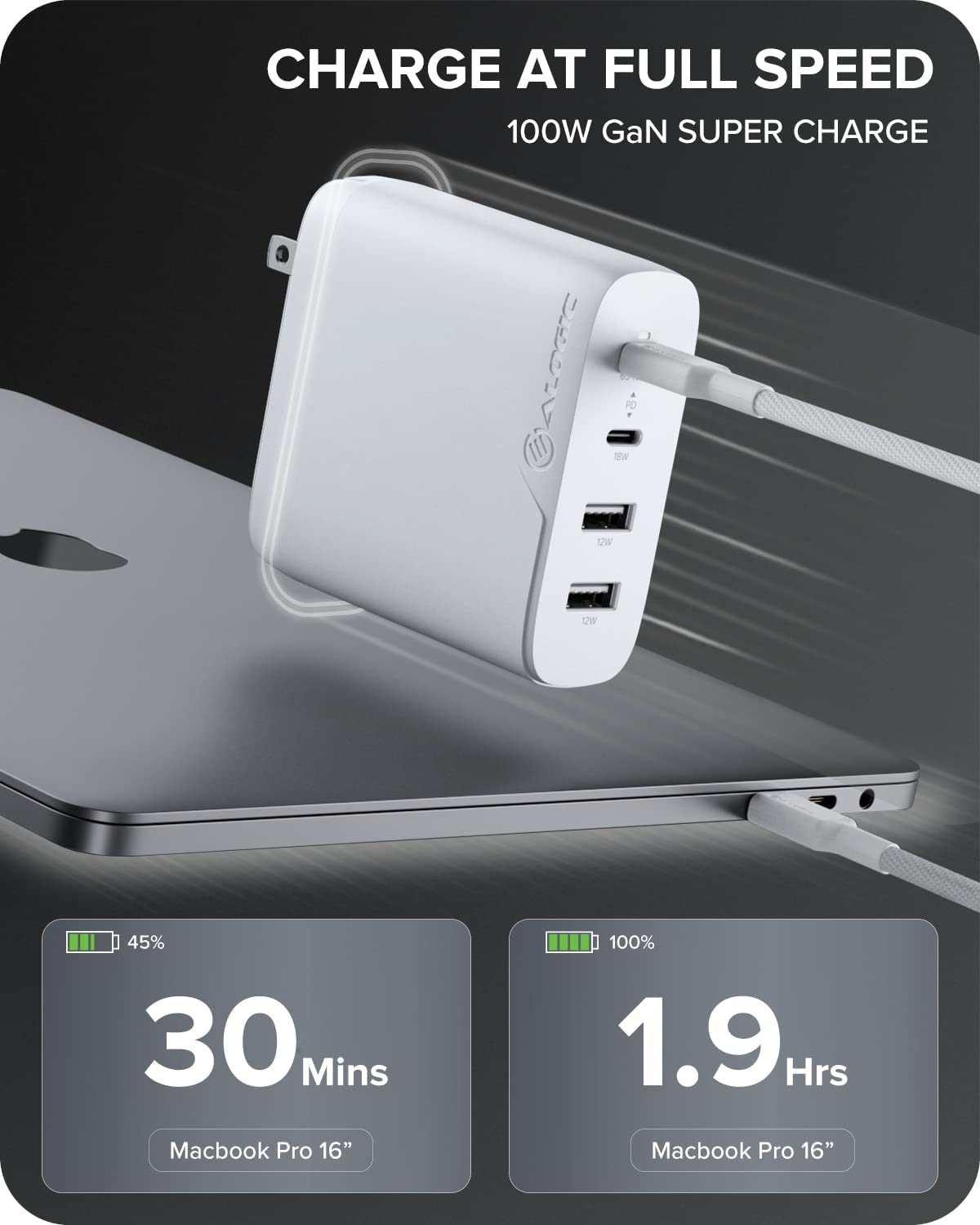 ALOGIC 100W 4-Port PD USB C Wall Charger with GaN Fast Tech, 2 USB-C, 2 USB-A, Dynamic Power Allocation, Power Delivery 3.0 Charger for MacBook, M1 Mac, XPS, iPad Pro, iPhone, Galaxy & More - Dealtargets.com