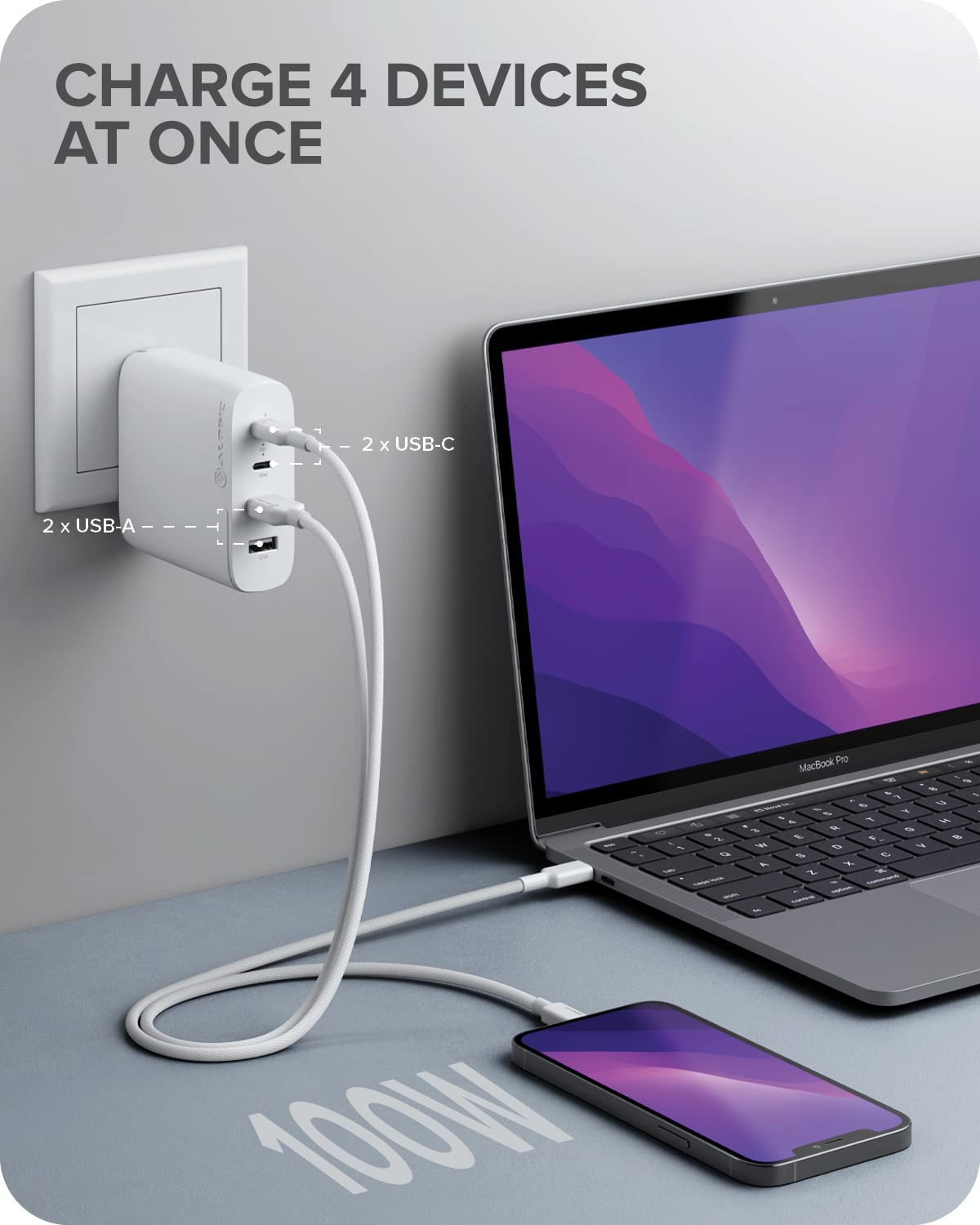 ALOGIC 100W 4-Port PD USB C Wall Charger with GaN Fast Tech, 2 USB-C, 2 USB-A, Dynamic Power Allocation, Power Delivery 3.0 Charger for MacBook, M1 Mac, XPS, iPad Pro, iPhone, Galaxy & More - Dealtargets.com