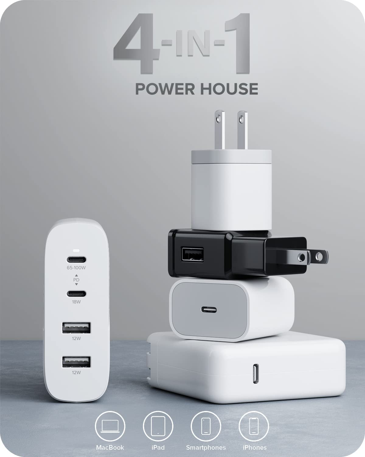 ALOGIC 100W 4-Port PD USB C Wall Charger with GaN Fast Tech, 2 USB-C, 2 USB-A, Dynamic Power Allocation, Power Delivery 3.0 Charger for MacBook, M1 Mac, XPS, iPad Pro, iPhone, Galaxy & More - Dealtargets.com