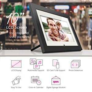 Aluratek 10" Digital Photo Frame with Matte and 4GB Built-in Memory, USB/SD/SDHC Supported, Built-in Clock & Calendar, Easy Setup 10" Black + White Matting - Dealtargets.com