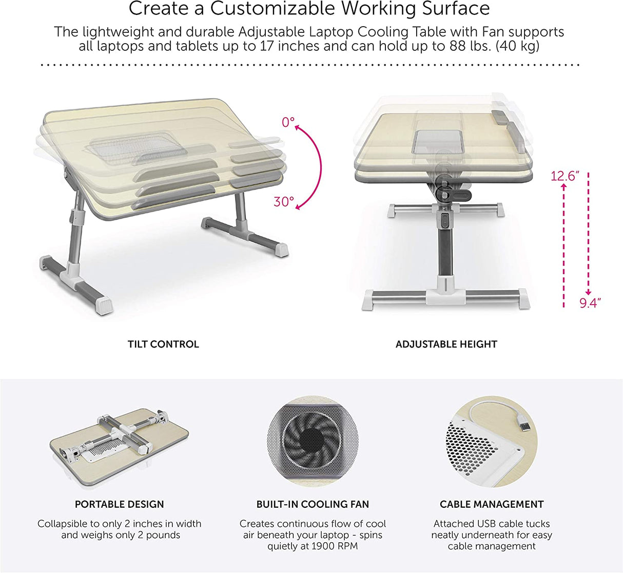 Aluratek (ACT01F) Adjustable, Foldable, Ergonomic, Laptop Cooling Table with Cooling Fan (Standing Desk, Sofa/Couch Tray, Floor) - Dealtargets.com