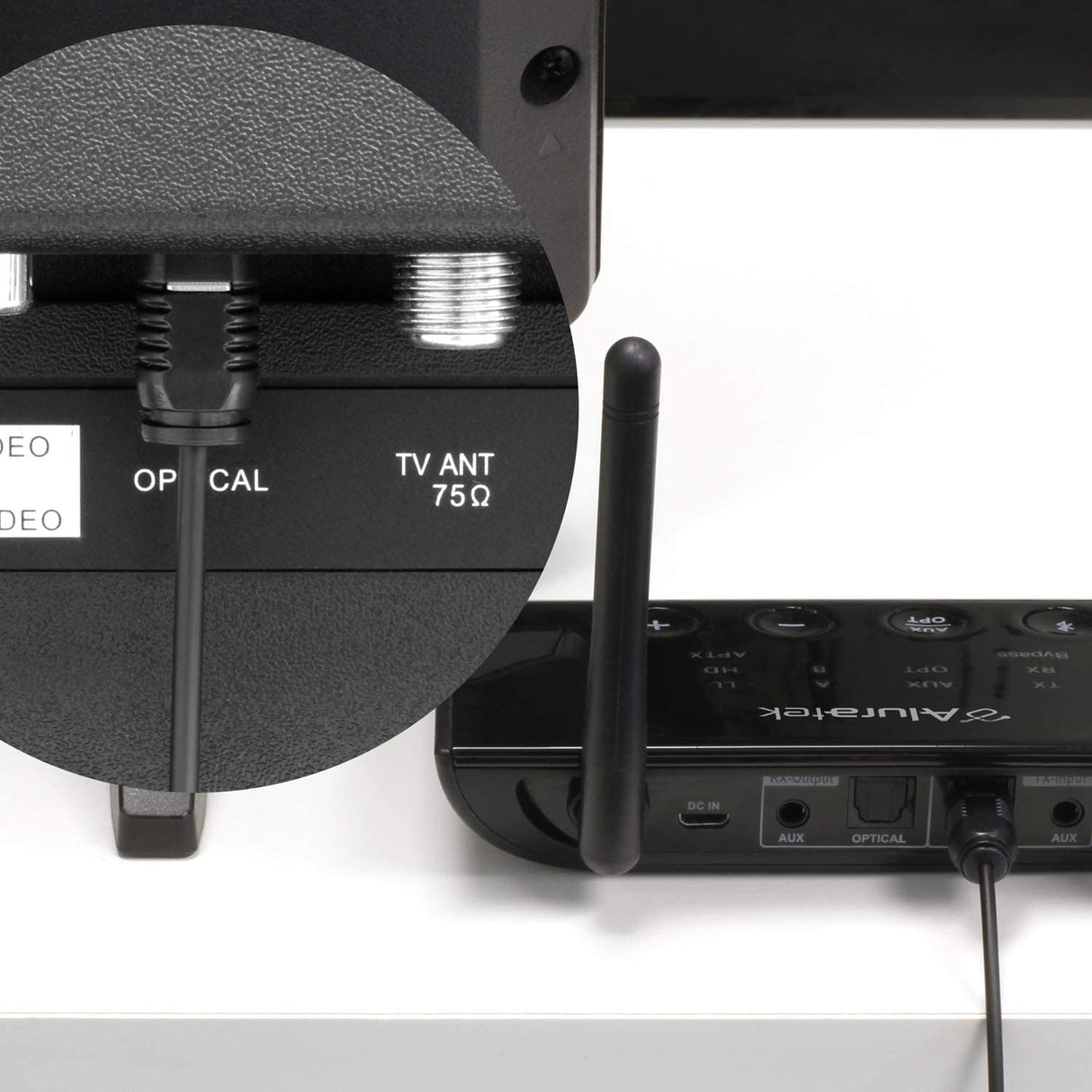 Aluratek Bluetooth Wireless TV Streaming Kit with Bluetooth 5, Long Range Up to 100', No Delay aptX, Optical, Aux, RCA, Includes Headphone and Transmitter/Receiver Adapter, PC, Laptop, Mac (ABCTVKIT), Black - Dealtargets.com