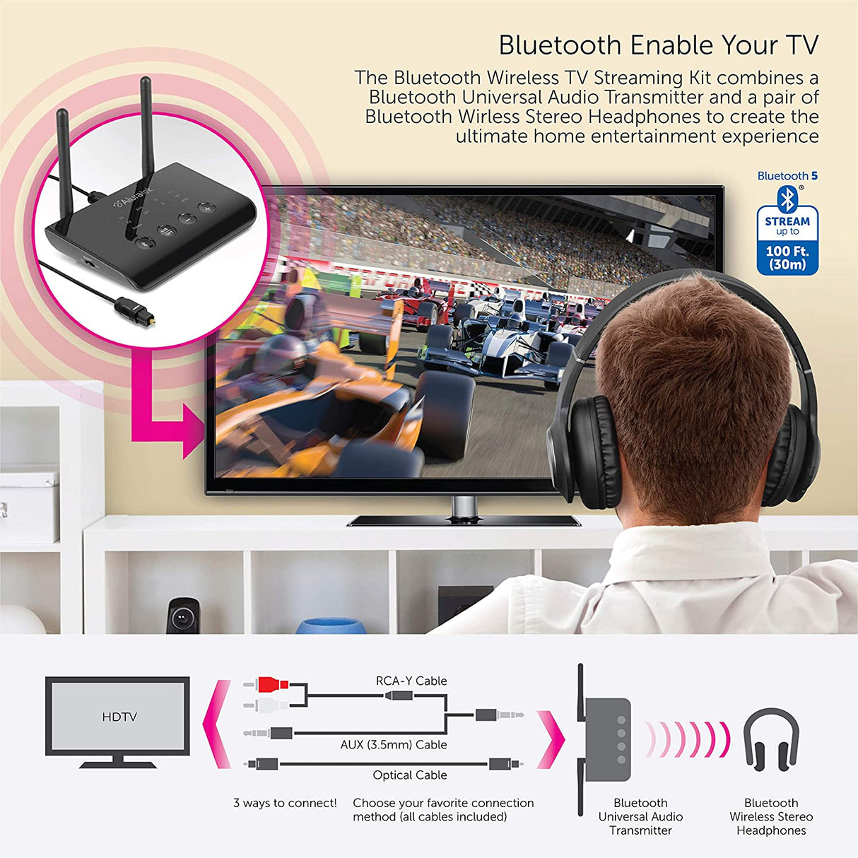 Aluratek Bluetooth Wireless TV Streaming Kit with Bluetooth 5, Long Range Up to 100', No Delay aptX, Optical, Aux, RCA, Includes Headphone and Transmitter/Receiver Adapter, PC, Laptop, Mac (ABCTVKIT), Black - Dealtargets.com