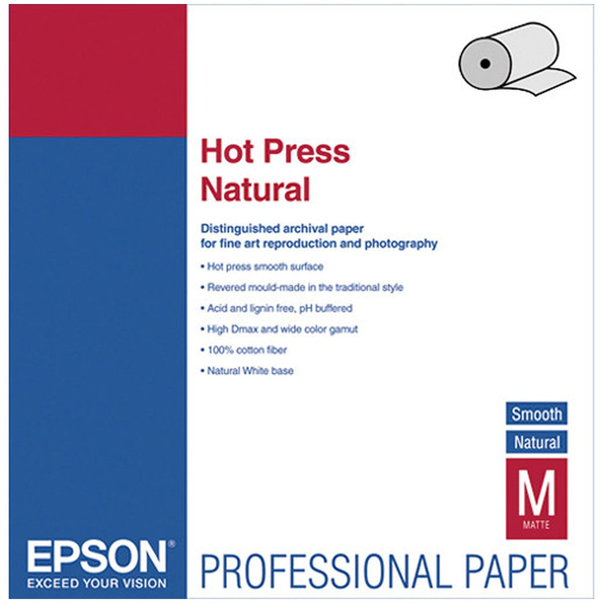 Epson S042324 Hot Press Natural Fine Art Paper - 90 Brightness - 98% Opacity - 24" x 50 ft - 330 g/m² Grammage - Smooth, Matte - Acid-free, Lignin-free, Chlorine-free - Natural White