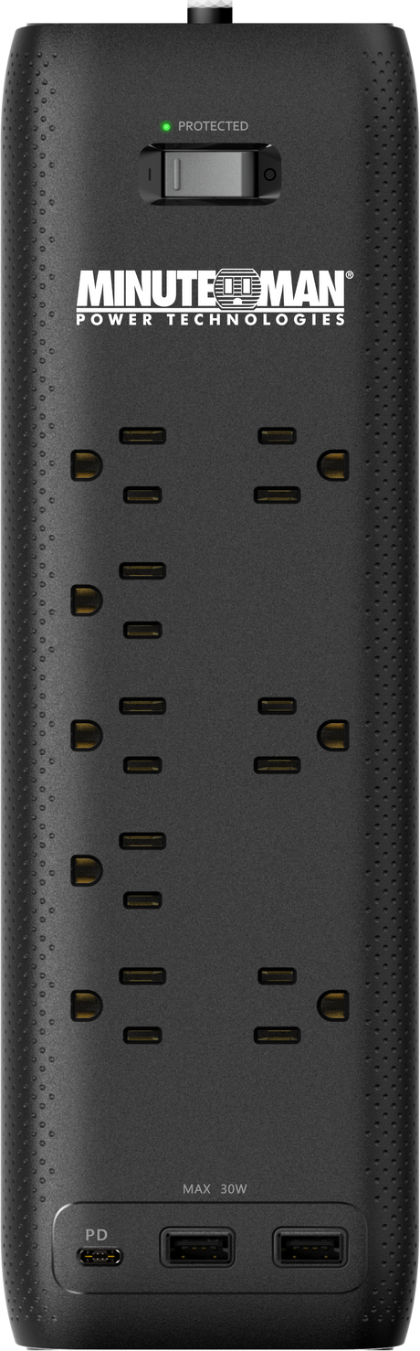 Minuteman MMS-STP8U3 MMS 8-outlet surge protector, (8) grounded outlets - (3) are transformer spaced, (2) USB Type A & (1) USB Type C Chargers, 5V 30W (combined) charging capacity, UL 1449, UL 1363