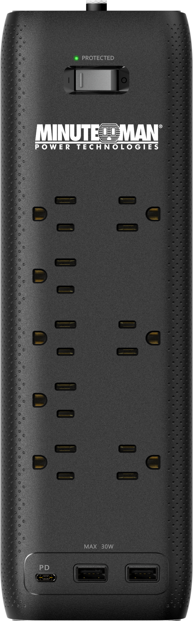 Minuteman MMS-STP8U3 MMS 8-outlet surge protector, (8) grounded outlets - (3) are transformer spaced, (2) USB Type A & (1) USB Type C Chargers, 5V 30W (combined) charging capacity, UL 1449, UL 1363