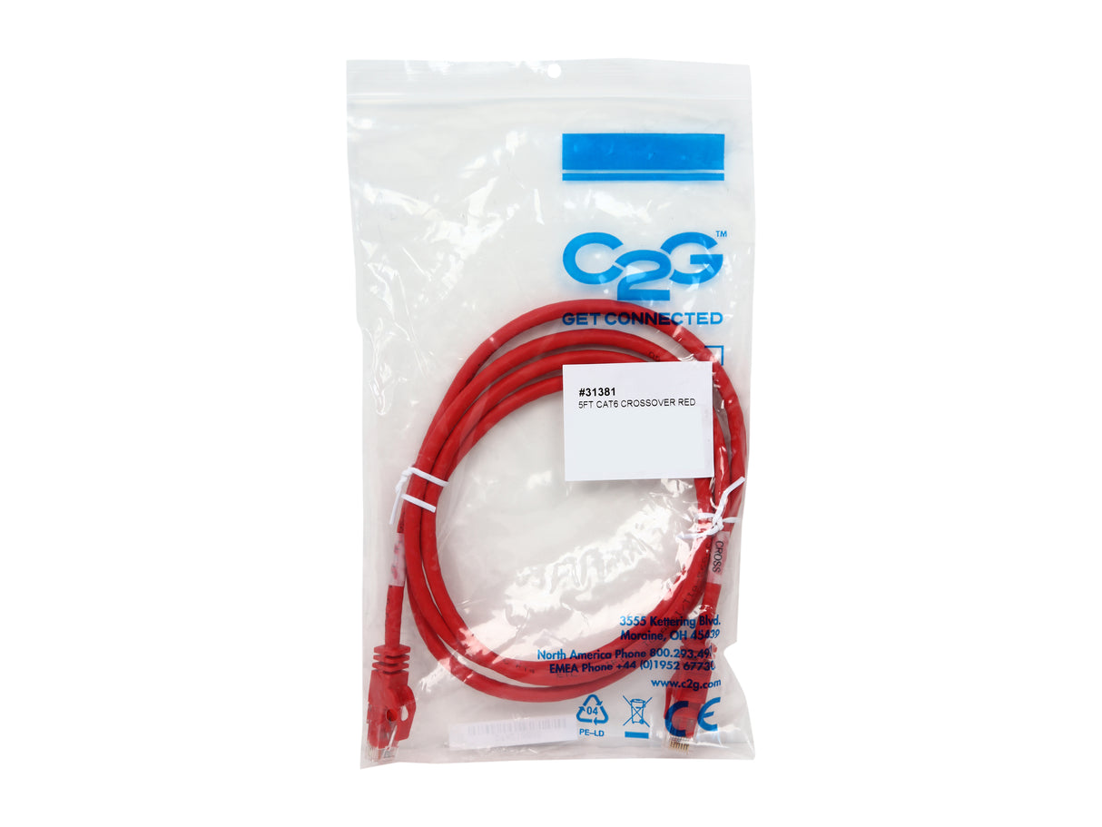 C2G 31381 Cat6 Crossover Cable - Snagless Unshielded Network Crossover Patch Cable, Red (5 Feet, 1.52 Meters)