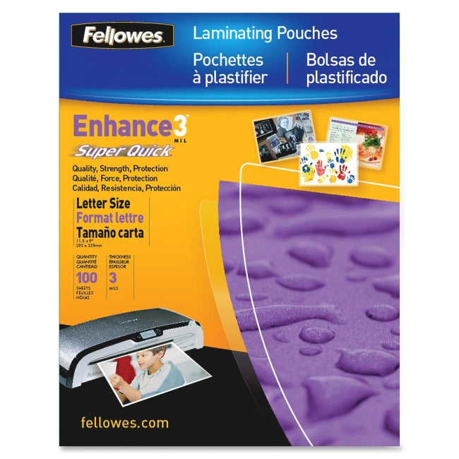 Fellowes SuperQuick Thermal Laminating Pouches, 3 Mil, 9 X 11.5, Gloss Clear