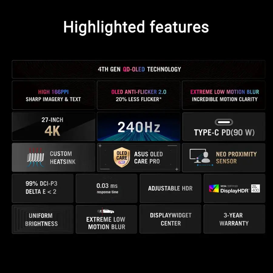 ASUS - ROG Strix 27" 4K QD-OLED 240Hz 0.03ms G-SYNC Compatible and FreeSync Premium Pro Gaming Monitor with HDR - Black