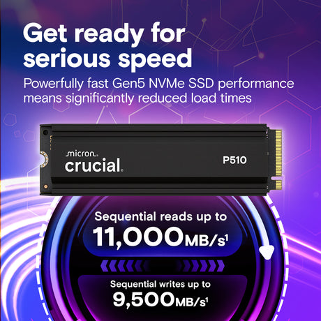 Crucial P510 2TB Gen5 NVMe SSD with Heatsink, Up to 11,000 MB/s, PCIe 5.0 M.2 2280 SSD, Internal Solid State Drive, Compatible with PS5 CT1000P510SSD5