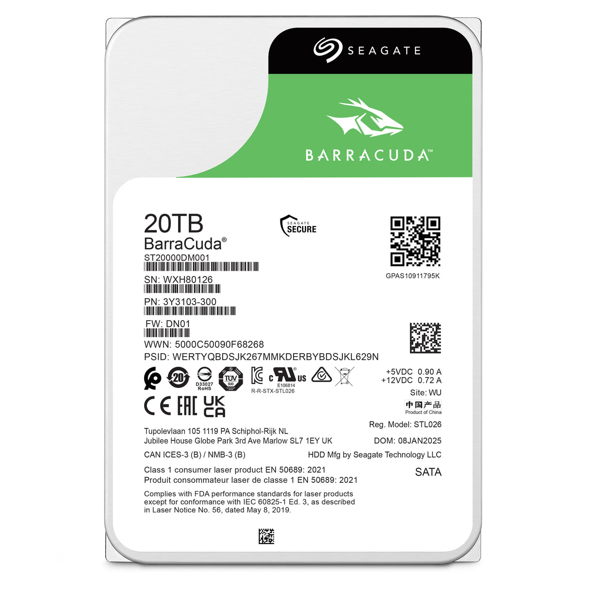 Seagate BarraCuda ST20000DM001 20TB 7200 RPM SATA 6.0Gb/s 3.5 Internal Hard Drive Bare Drive