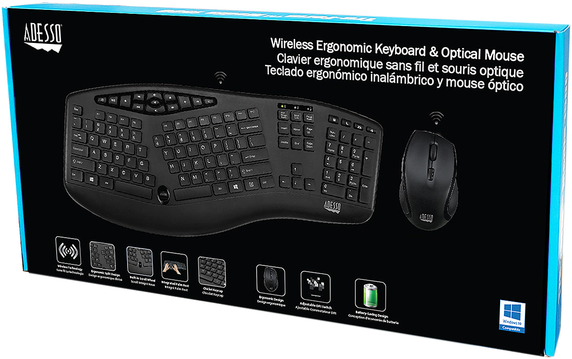 ADESSO TruForm Wireless Ergonomic Keyboard and Optical Mouse WKB-1600CB-FR Black 2.4 GHz Radio Frequency Wireless Technology Keyboard