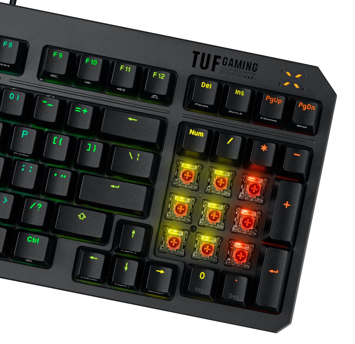 ASUS TUF Gaming K3 Gen II keyboard - compact 97-key layout, optical-mechanical RGB Red (Linear) switches, detachable top plate, and Aura Sync