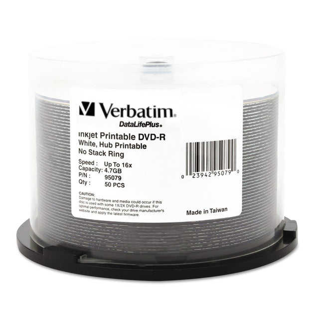 Verbatim DVD-R DataLife Plus Printable Recordable Disc, 4.7 GB, 16x, Spindle, White, 50/Pack (95079)
