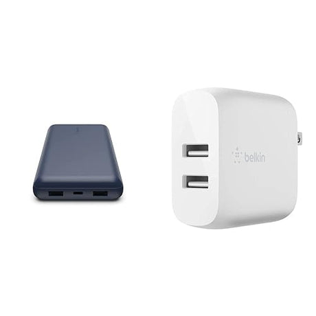 Belkin USB-C Portable Charger 20, 000 mAh, 20k Power Bank with USB-C Input Output Port and 2 USB-A Ports with Included USB-C to USB-A Cable & 24W Dual Port USB Wall Charger Blue Charger + Charger 24W