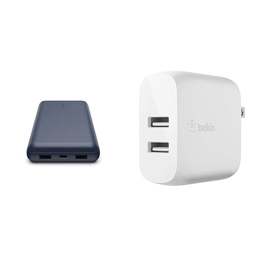 Belkin USB-C Portable Charger 20, 000 mAh, 20k Power Bank with USB-C Input Output Port and 2 USB-A Ports with Included USB-C to USB-A Cable & 24W Dual Port USB Wall Charger Blue Charger + Charger 24W