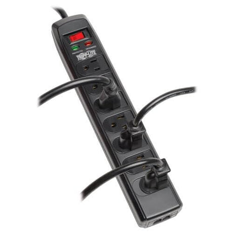 Tripp Lite 7 Right Angle Outlet Surge Protector Power Strip, 6ft. Cord, Right Angle Plug, 1440 Joules, Tel/Modem Protection, Safety Covers, 50K Insurance & (TLP706TELC) Black 7 Outlet + TEL (Black)