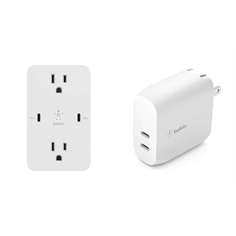 Belkin Wall Mount-2 Outlet Surge Protector W/ 2 Fast Charging USB C Ports-Protection Against Surges-Safe Charge & 40W Dual Port USB C Wall Charger-USB Type C Charger Fast Charging Mount + Charger
