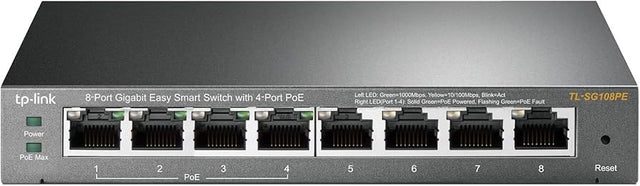 TP-Link TL-SG108PE, 8 Port Gigabit PoE Switch, Easy Smart Managed, 4 PoE+ Ports