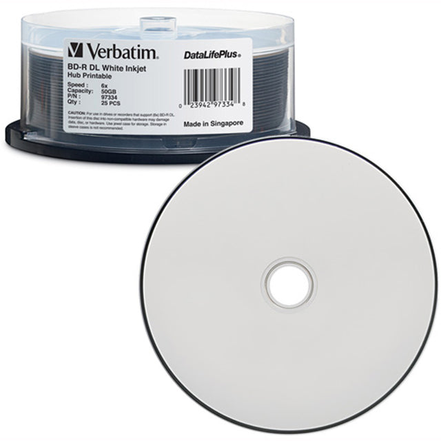Verbatim Corporation 25pk Bd-r Dl 50gb 6x Spindle Dl+ White Inkjet Hub Printable