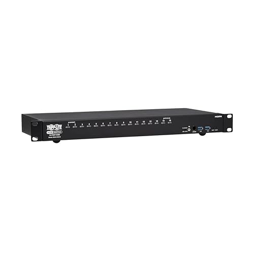 Tripp Lite 16-Port 4K HDMI KVM Switch, 2 USB 3.2 Peripheral Sharing for Keyboard & Mouse, 4K @ 60 Hz - Windows, Mac and Linux Compatible - 1U Rack-Mount, 3-Year Warranty (B024-H4U16) HDMI 16-Ports