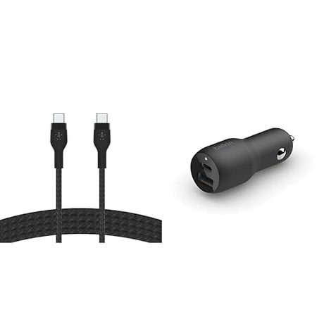 Belkin BoostCharge Pro Flex Braided USB Type C to C Cable (2M/6.6FT), USB-IF Certified Power & 37W Dual Port Fast Car Charger, USB Type C 25W PPS and USB A 12W Port for Galaxy S22, S21 C to C, 2M Cable + Car Charger Black