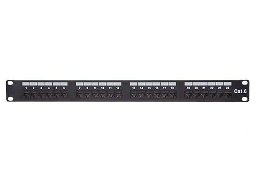 Monoprice 24-Port Cat6 Unshielded UL Listed Patch Panel, 1U, 110/Dual IDC, with Wire Support Bar, Metal Front, PoE+ (TAA), T568A/B, 22-24 AWG, Gold Plated Contacts, Black