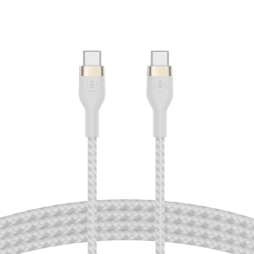 Belkin BoostCharge Pro Flex Braided USB-C to USB-C Charger Cable (2M/6.6FT), USB-IF Certified Power Delivery PD Fast Charging Cable for iPhone 15 Series, MacBook Pro, iPad Pro, Galaxy S23, S22 - White 6.6 ft Cable White