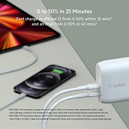 Belkin 40W Dual Port USB C Wall Charger - USB Type C Charger Fast Charging for iPhone 14, 14 Pro, 14 Pro Max, 13, 13 Pro, 13 Pro Max, Galaxy S21 Ultra, iPad, AirPods & More - USBC Charger (2-Pack)
