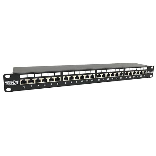 Tripp Lite 24-Port Cat6a Shielded Patch Panel, RJ45, 10 Gbps, STP, 110 Punch Down, 1U Rackmount Standard 19-inch, TAA Compliant, (N252-024-6A-SH)