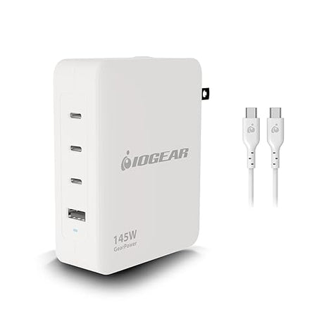 IOGEAR GearPower 145W Multiport Charger, GaN, 4 Port, USB-C Cable, iPhone 16, MacBook Pro/Air, iPad Pro, Google Pixel, Travel Wall Charger, Cable Included, GPAWC145W