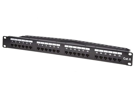 Monoprice 24-Port Cat6 Unshielded UL Listed Patch Panel, 1U, 110/Dual IDC, with Wire Support Bar, Metal Front, PoE+ (TAA), T568A/B, 22-24 AWG, Gold Plated Contacts, Black