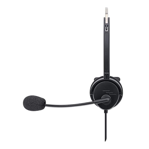 MANHATTAN USB Headset with Mic & 5 ft Cable - Cushion Mono/Single-Sided, On-Ear, in-line Volume Control, Adjustable Headband - for Desktop, Laptop, Computer, 179867