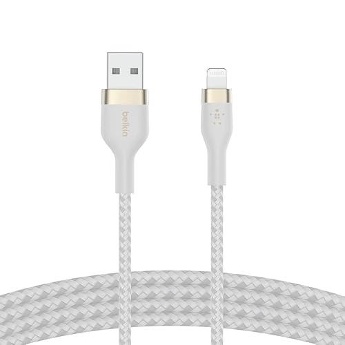 Belkin BoostCharge Pro Flex Braided USB Type A to Lightning Cable (3M/10FT), MFi Certified Charging Cable for iPhone 14, 13, 12, 11, Pro, Max, Mini, SE, iPad and More - White