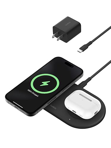 Belkin 2-in-1 Wireless Charging Pad w/ Qi2 15W + Additional USB-C Port - MagSafe-Compatible Charger, Charging Station for iPhone 16 & 15 Series, Samsung Galaxy S25 Series, AirPods, & More - Black Black 2 in 1 Pad (New)