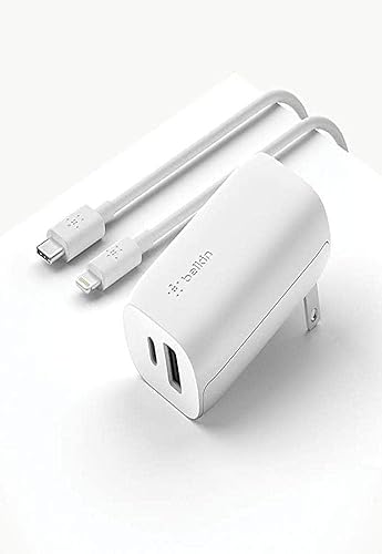 Belkin 37 Watt USB C Wall Charger - Power Delivery 25W USB C Port + 12W USB A Port for PPS Charging with USB-C to Lightning Cable Included, iPhone 14, 14 Pro, 14 Pro Max, Samsung Galaxy, & More Dual USB-C & A Port with C-Lightning Cable Charger