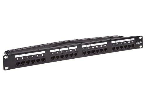 Monoprice 24-Port Cat6 Unshielded UL Listed Patch Panel, 1U, 110/Dual IDC, with Wire Support Bar, Metal Front, PoE+ (TAA), T568A/B, 22-24 AWG, Gold Plated Contacts, Black