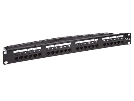 Monoprice 24-Port Cat6 Unshielded UL Listed Patch Panel, 1U, 110/Dual IDC, with Wire Support Bar, Metal Front, PoE+ (TAA), T568A/B, 22-24 AWG, Gold Plated Contacts, Black