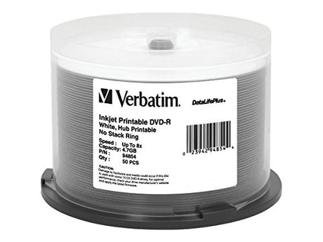 Verbatim 94854 4.7GB 8x DataLifePlus White Inkjet Printable/Hub Printable DVD Rs 50 Ct Spindle