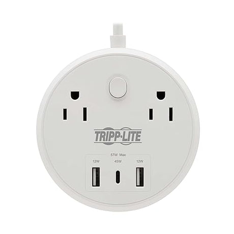 Tripp Lite Safe-IT 57W Surge Protector, 2 Outlets & 2 USB + 1 USB-C Port for Fast Charging, 300 Joules, 8 Foot 5-15P Cord, Manufacturer's Warranty & $25,000 Insurance (TLP28PD57WCAM)