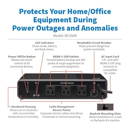 Tripp Lite 350VA UPS Desktop Battery Backup and Surge Protector, 210W, 3 Outlets, Small Form Factor, Wall Mounting Option, 5ft Cord, 2-Year Warranty (BC350R)