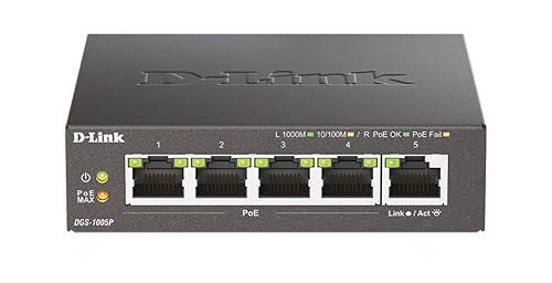 D-Link 5-Port Gigabit PoE+ Unmanaged/Plug and Play (60W Total PoE Budget 4xPort) Metal Compact Desktop Switch - (DGS-1005P) Metal 5-Port Gigabit POE