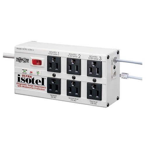 Tripp Lite Isobar 6 Outlet Surge Protector, 6ft. Cord, Right-Angle Plug, Tel/Fax/Modem, Metal (ISOTEL6 ULTRA)