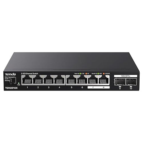 Tenda TEM2010X, 8 Port 2.5G Ethernet Switch Support VLAN & Static Link Aggregation, Unmanaged 2.5Gb Switch with 8 x 2.5G Ports & 2 x 10Gb SFP Slots, 80Gbps Switching Capacity, Fanless Metal Design