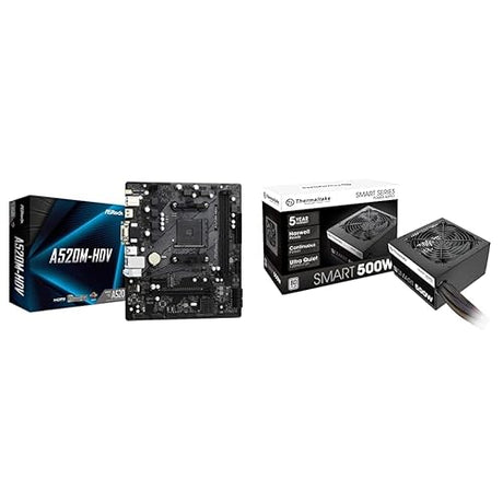 ASRock A520M-HDV Supports AMD AM4 Socket Ryzen™ & Thermaltake Smart 500W 80+ White Certified PSU, Continuous Power with 120mm Ultra Quiet Cooling Fan, ATX 12V V2.3/EPS 12V Supports + Fan