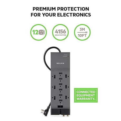 Belkin 12-Outlet Power Strip Surge Protector with 10-Foot Cord and Telephone, Ethernet, Coaxial Protection, BE112234-10, Gray - 3 Pack