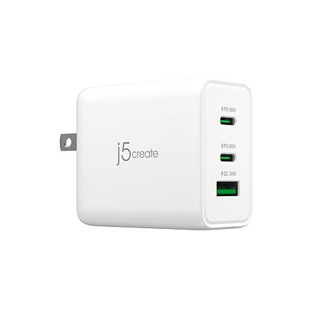 j5create 65W GaN USB-C 3 Port Charger, Compact and Foldable Wall Charger for MacBook Air, iPad Pro, iPhone 15/ Pro/Max, Galaxy S24/ S23, Dell XPS 13, Steam Deck, and More (JUP3365)