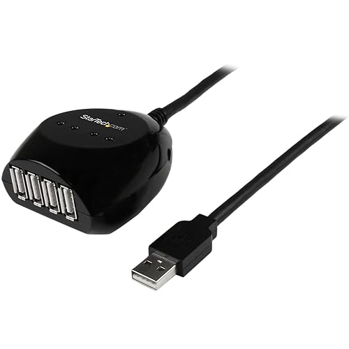 StarTech.com 15m USB 2.0 Active Cable with 4 Port Hub - Long USB Cable with 4 port USB Hub - USB A (M) to 4x USB A (F) - 15m, 50 ft Black (USB2EXT4P15M) , 1.4" x 2.2"