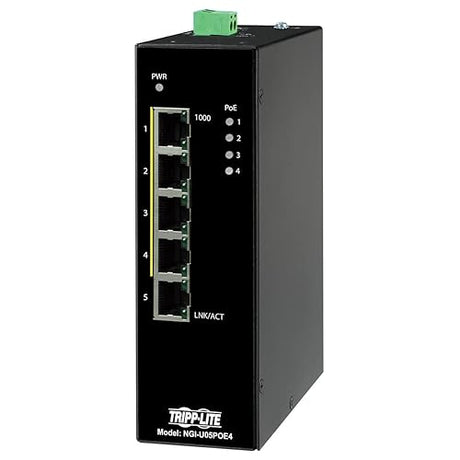 Tripp Lite Industrial 5 Port PoE+ Ethernet Network Switch 10/100/1000 Mbps 14° to 140°F Temperature Range Unmanaged 30W TAA Compliant DIN Mount (NGI-U05POE4) Unmanaged PoE+ 5-Port Basic